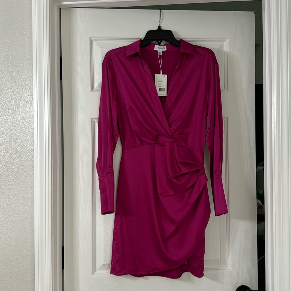 Fuchsia satin shirt dress